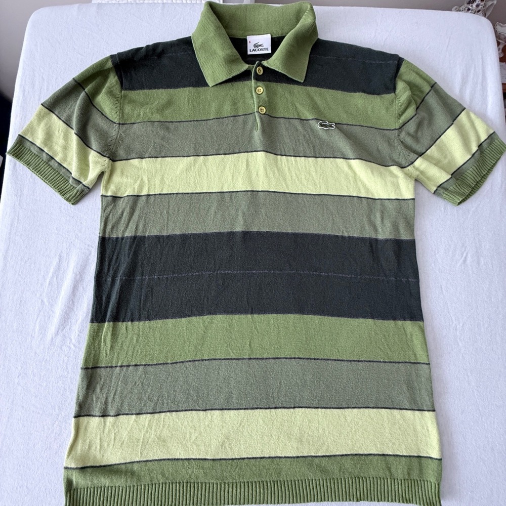 Lacoste Knit Polo Shirt Mens 6 Green Striped Short Sleeve Cotton Preppy